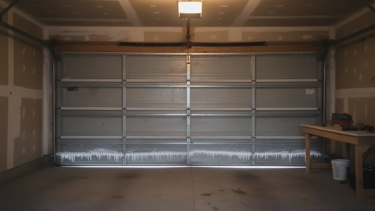 A closed garage door with icicles on the bottom.