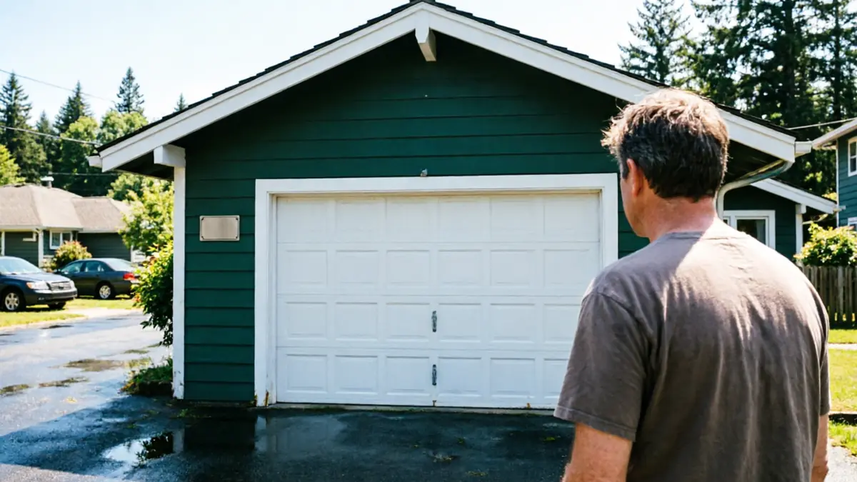 A man stands facing a white garage door on a green garage.