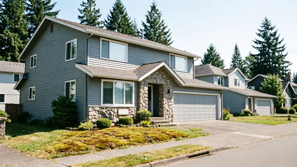A gray house with a stone entryway and a two-car garage door.