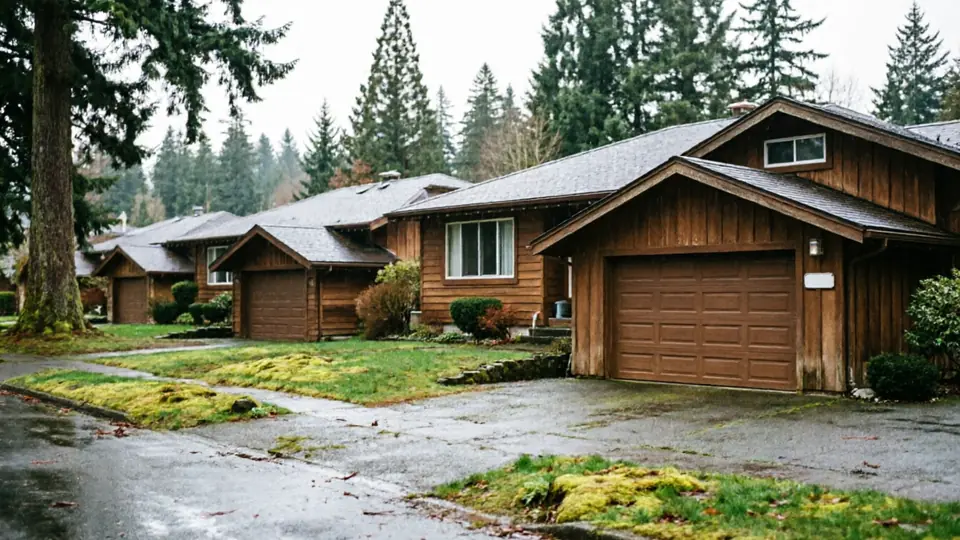 Three brown houses with brown garage doors line a street with green grass and trees.