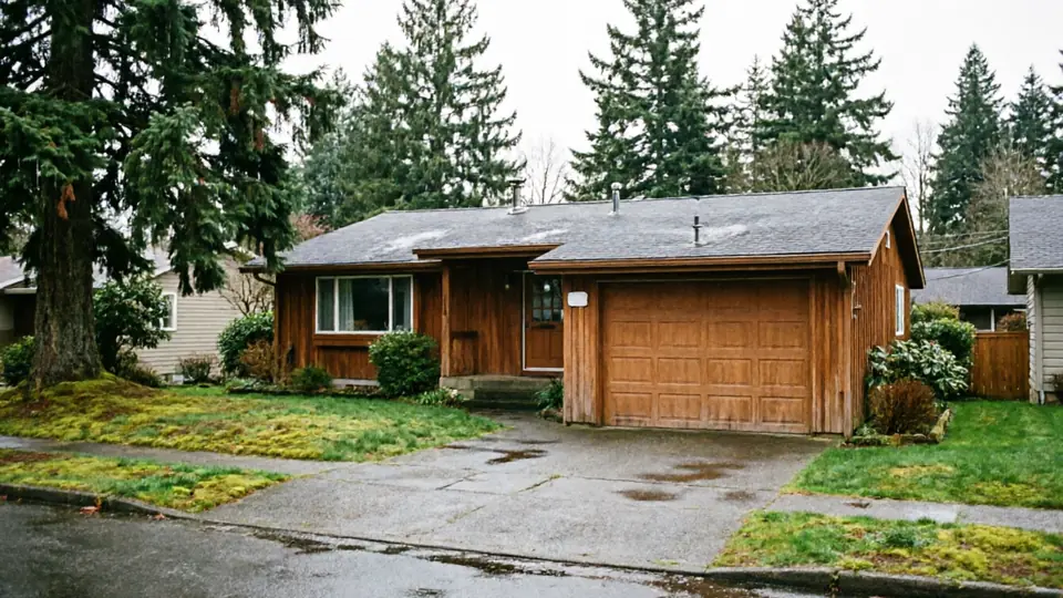 A brown house with a wooden garage door and a concrete driveway.