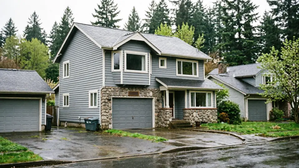 A gray house with a gray garage door and stone accents.