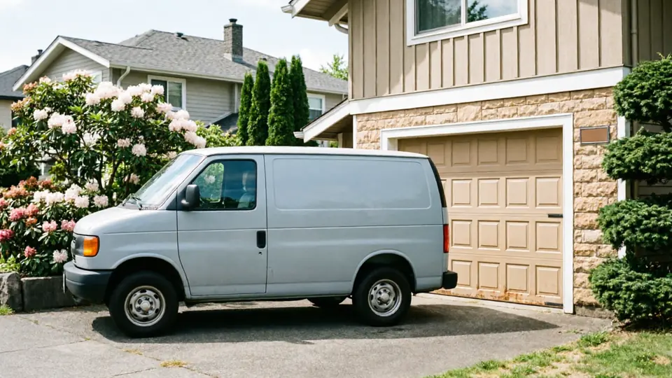 A gray van is parked in a driveway in front of a beige garage door.