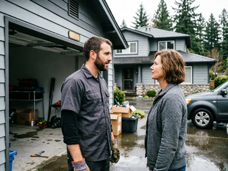 A technician and a woman stand talking in front of a garage and house.
