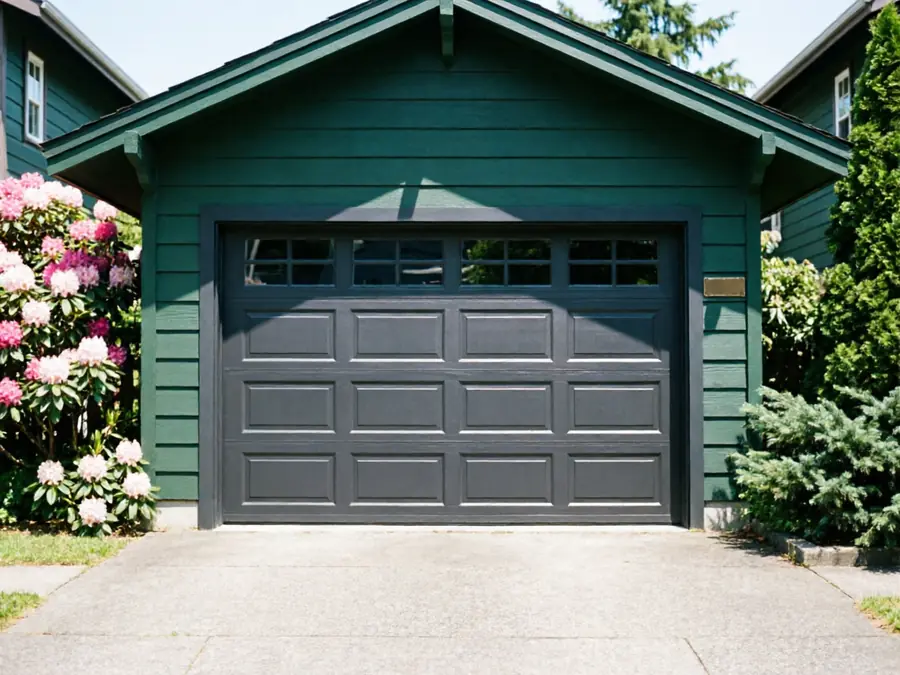 A dark gray garage door with windows on a green garage.