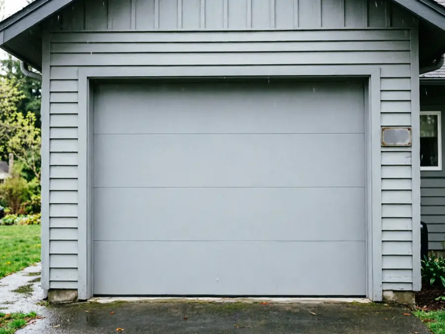 A gray garage door is on a gray house with green grass and trees.