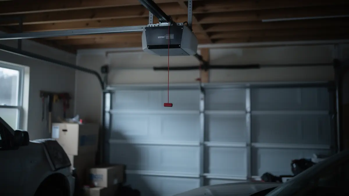 A garage door opener hangs from the ceiling above a closed garage door.