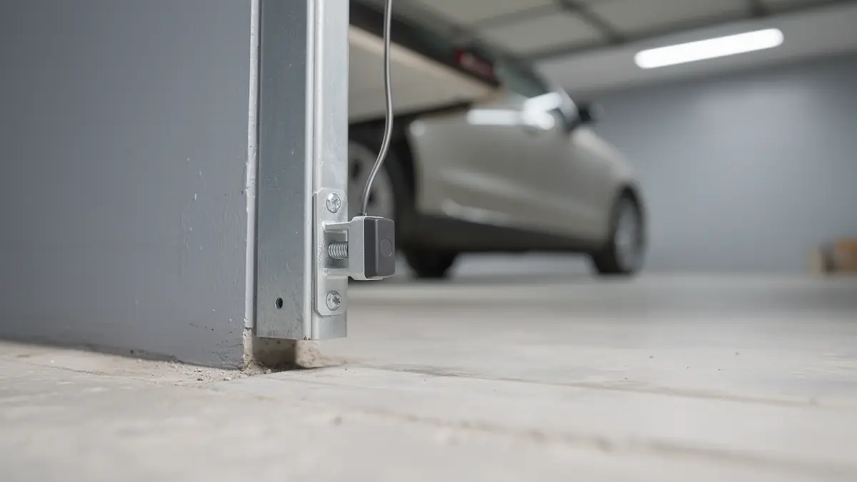 A safety sensor is mounted on a garage door track with a car in the background.