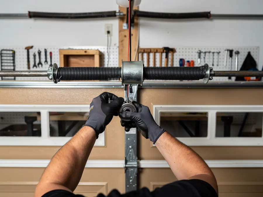 A technician's gloved hands are working on a garage door torsion spring.