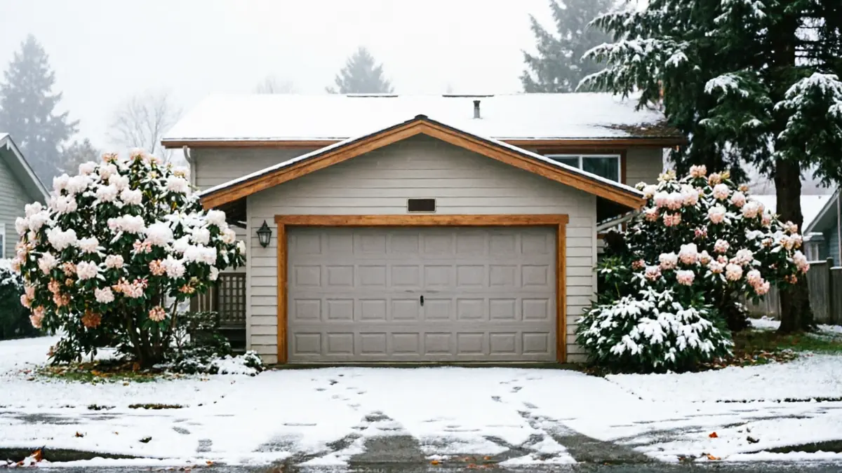 A house with a gray garage door and snow-covered bushes in front.