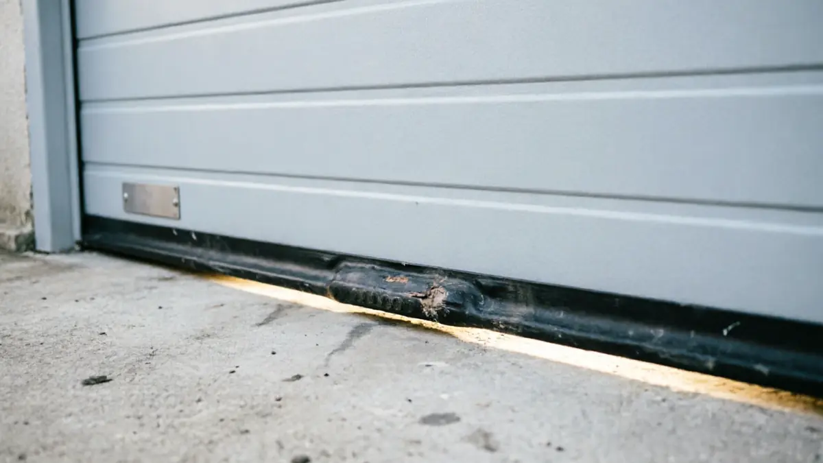 The bottom of a closed gray garage door has a damaged weather seal.