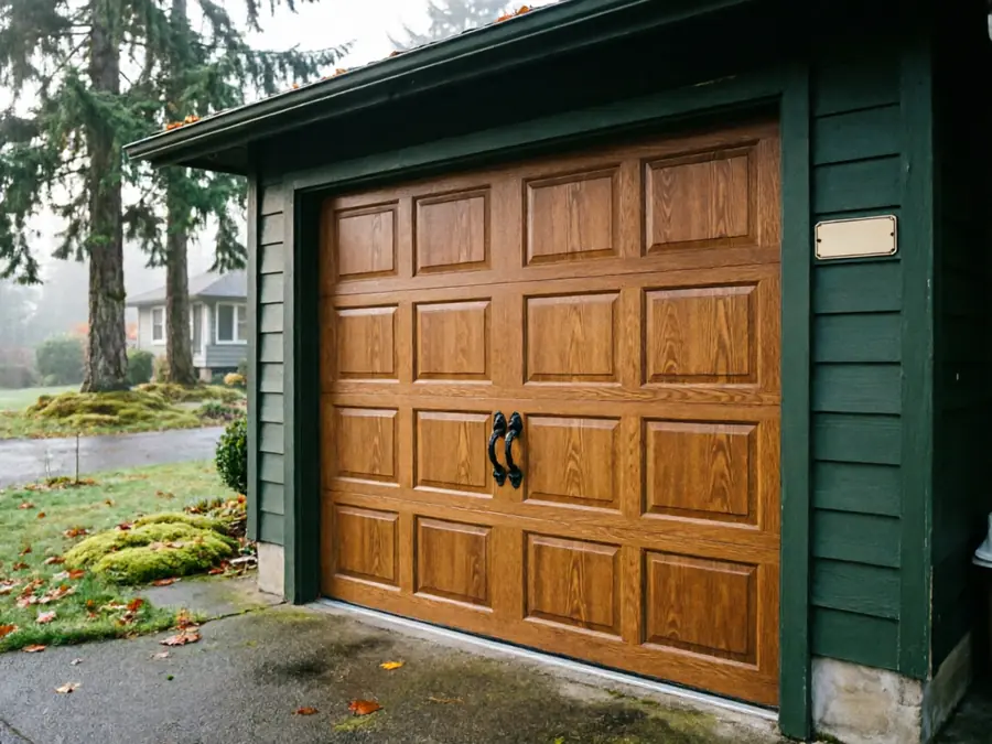 A brown wooden garage door with black handles on a green garage.